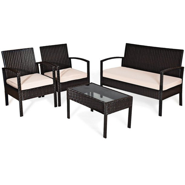 4 Pcs Patio Furniture Sets Rattan Chair Wicker Set Outdoor Bistro