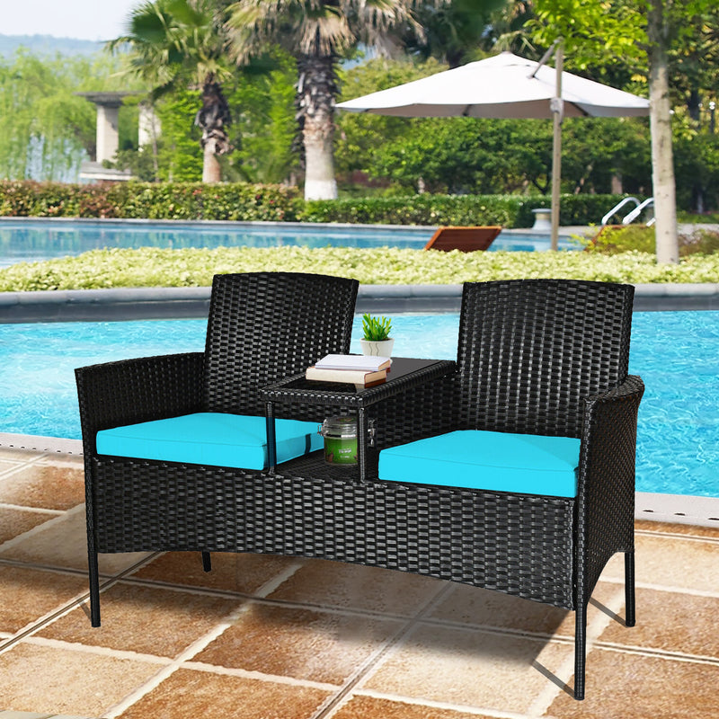 Wicker Patio Conversation Furniture Set with Removable Cushions and Table