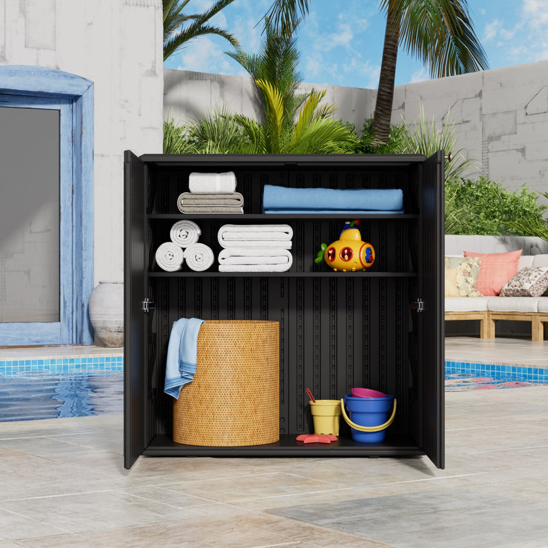 60-Gallon Outdoor Storage Cabinet, Waterproof HDPE Resin Deck Box with One Shelf for Garden Tools, Patio Cushions