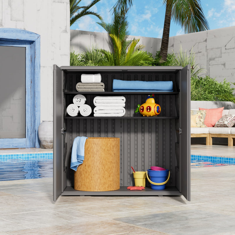 60-Gallon Outdoor Storage Cabinet, Waterproof HDPE Resin Deck Box with One Shelf for Garden Tools, Patio Cushions
