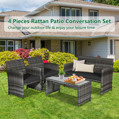 4 Pieces Patio Rattan Furniture Set with Glass Table and Loveseat