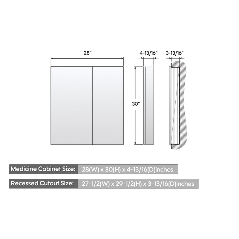 28 in. ×30 in. Copper-Free Tri-Views Mirror Medicine Cabinet with Adjustable Shelves and Dual Swing Doors