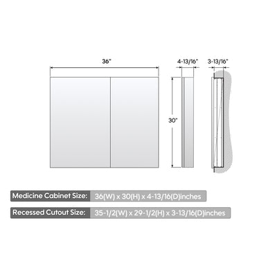 36 in. ×30 in. Copper-Free Tri-Views Mirror Medicine Cabinet with Adjustable Shelves and Dual Swing Doors