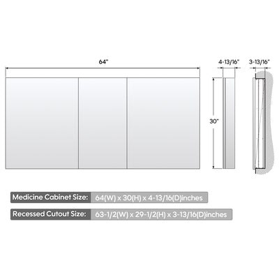 64 in. ×30 in. Copper-Free Tri-Views Mirror Medicine Cabinet with Adjustable Shelves and 3 Doors