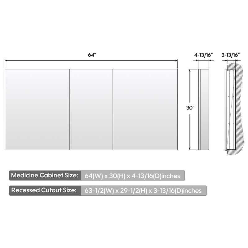 64 in. ×30 in. Copper-Free Tri-Views Mirror Medicine Cabinet with Adjustable Shelves and 3 Doors