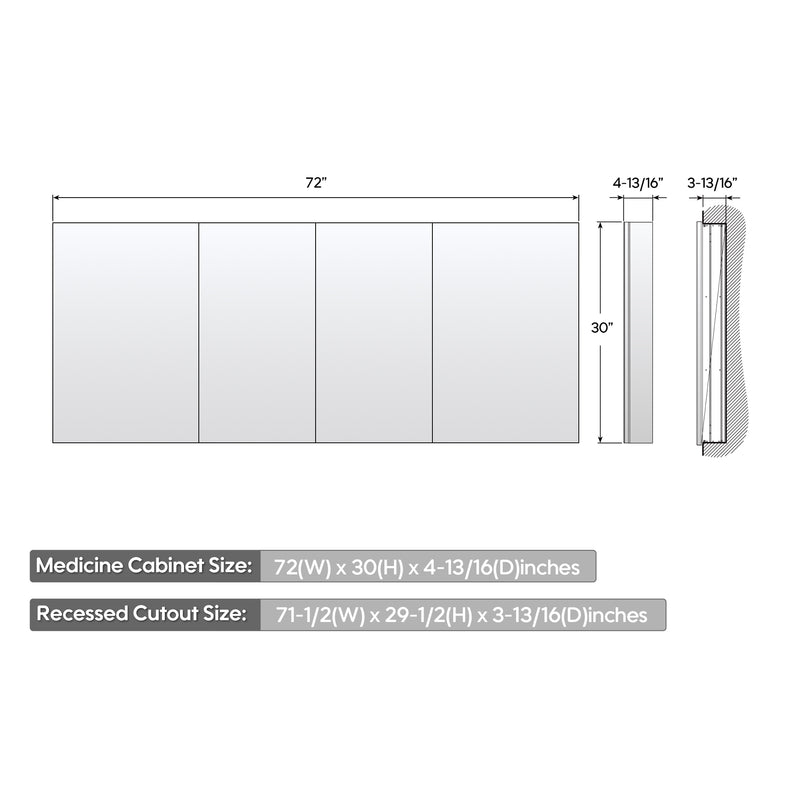 72 in. ×30 in. Copper-Free Tri-Views Mirror Medicine Cabinet with Adjustable Shelves and Dual Swing Doors