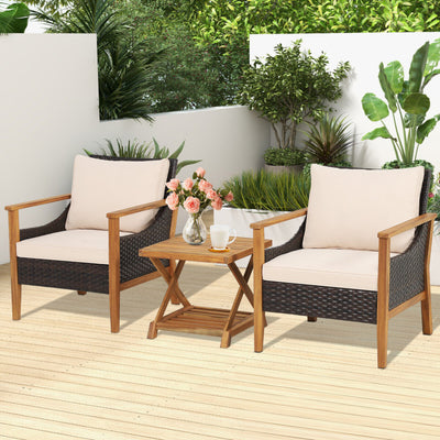 3 Pieces Patio Wicker Furniture Set with 2-Tier Side Table and Cushioned Armchairs