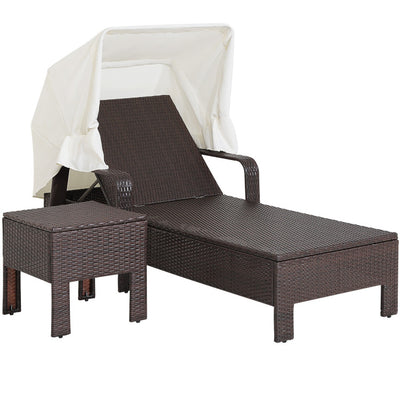 Outdoor Chaise Lounge Chair and Table Set with Folding Canopy and Armrests