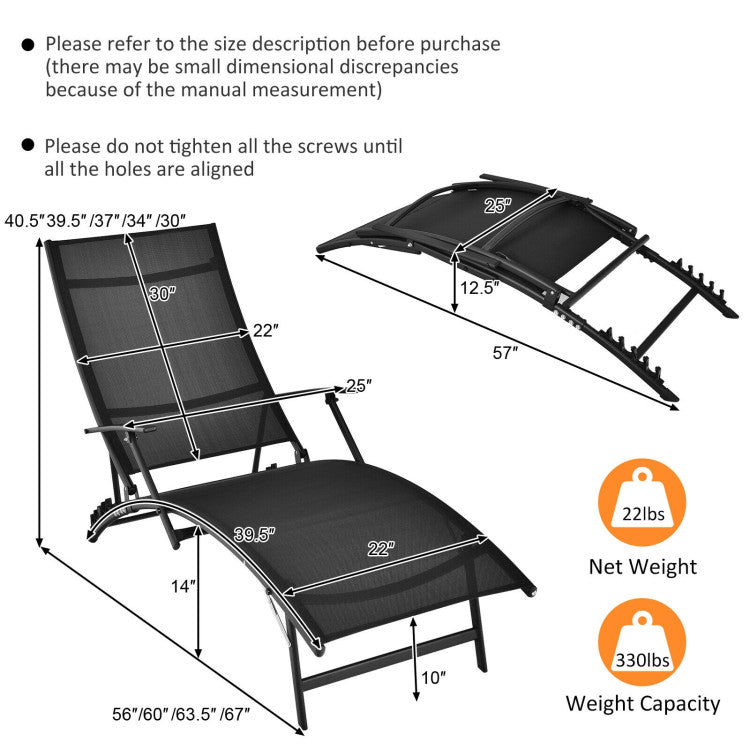 2 Pieces Patio Folding Stackable Lounge Chair Chaise with Armrest