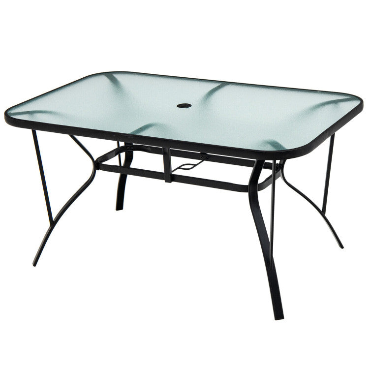 55 x 35 Inch Patio Dining Rectangle Tempered Glass Table with Umbrella – Forclover