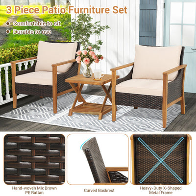 3 Pieces Patio Wicker Furniture Set with 2-Tier Side Table and Cushioned Armchairs