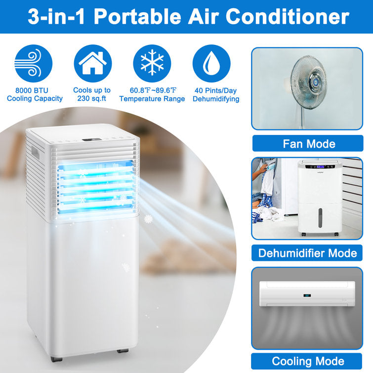 8000 BTU 3-in-1 Portable Air Conditioner Cooler Fan Dehumidifier Remote control with Window kit