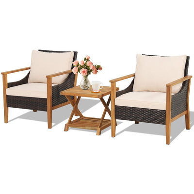 3 Pieces Patio Wicker Furniture Set with 2-Tier Side Table and Cushioned Armchairs