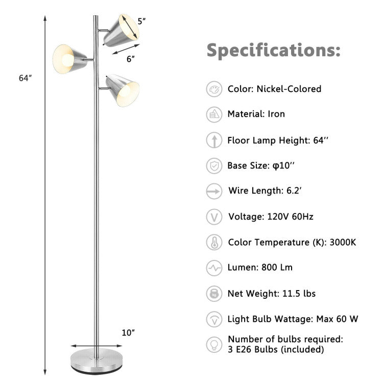 64 Inch 3-Light LED Floor Lamp Reading Light for Living Room Bedroom