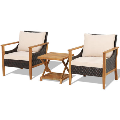 3 Pieces Patio Wicker Furniture Set with 2-Tier Side Table and Cushioned Armchairs