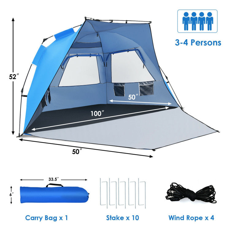 3-4 Person Easy Pop-Up Beach Tent UPF 50+ Portable Sun Shelter--Blue