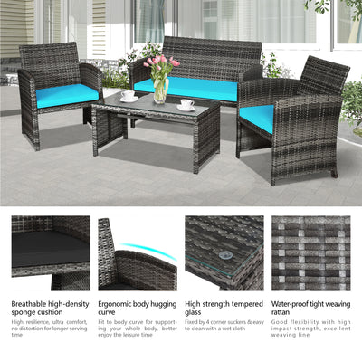 4 Pieces Patio Rattan Furniture Set with Glass Table and Loveseat