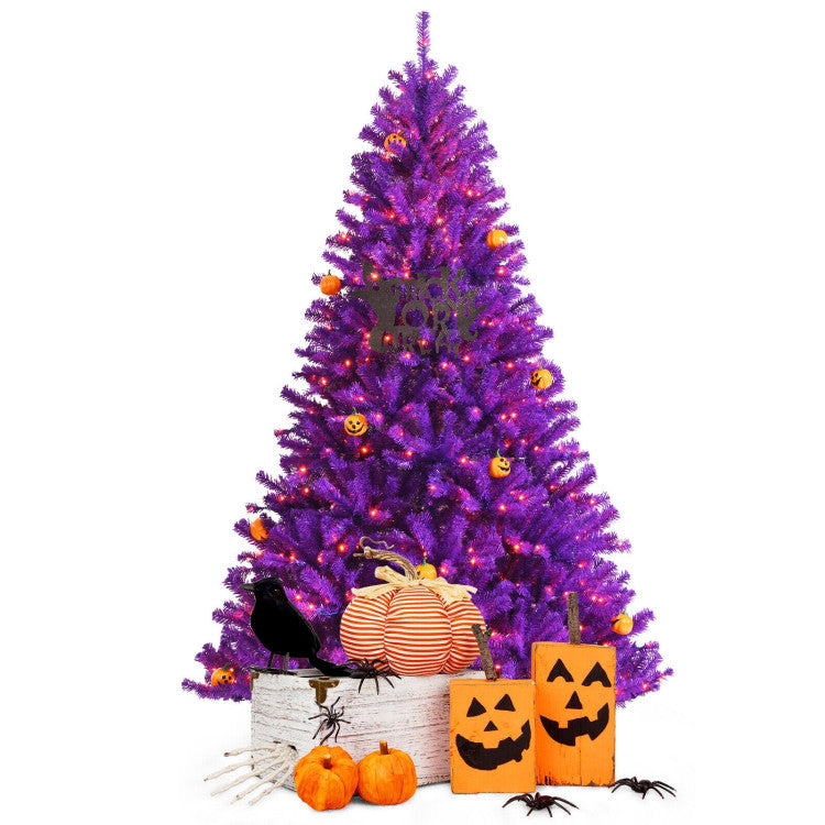 Artificial Prelit Purple Halloween Tree with Orange Lights and Pumpkin Ornaments