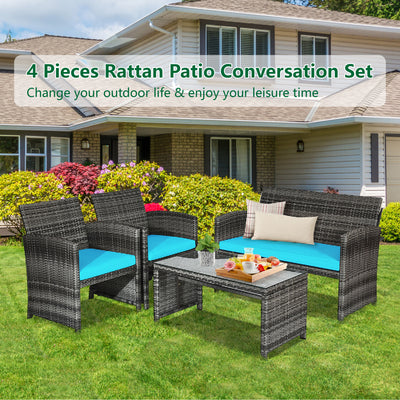 4 Pieces Patio Rattan Furniture Set with Glass Table and Loveseat