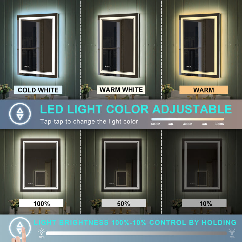 24 in. W x 32 in. H Frameless Bathroom Mirror with Lights, Frontlit & Backlit Vanity Mirror with Anti-Fog