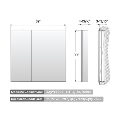32 in. x 30 in. Copper-Free Tri-Views Mirror Medicine Cabinet with Adjustable Shelves and Dual Swing Doors