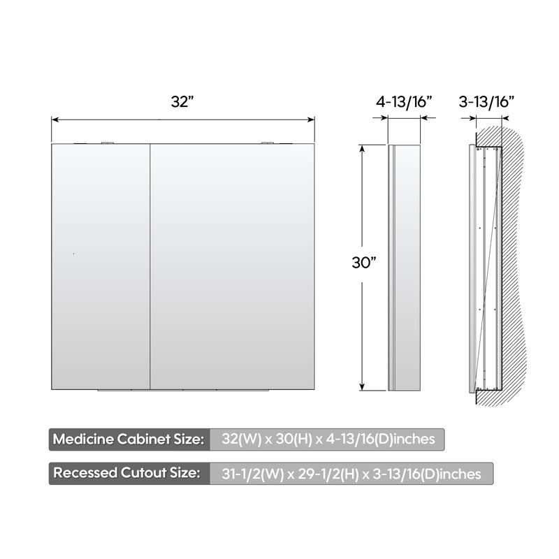 32 in. x 30 in. Copper-Free Tri-Views Mirror Medicine Cabinet with Adjustable Shelves and Dual Swing Doors