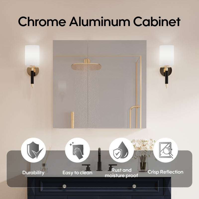 32 in. x 30 in. Copper-Free Tri-Views Mirror Medicine Cabinet with Adjustable Shelves and Dual Swing Doors