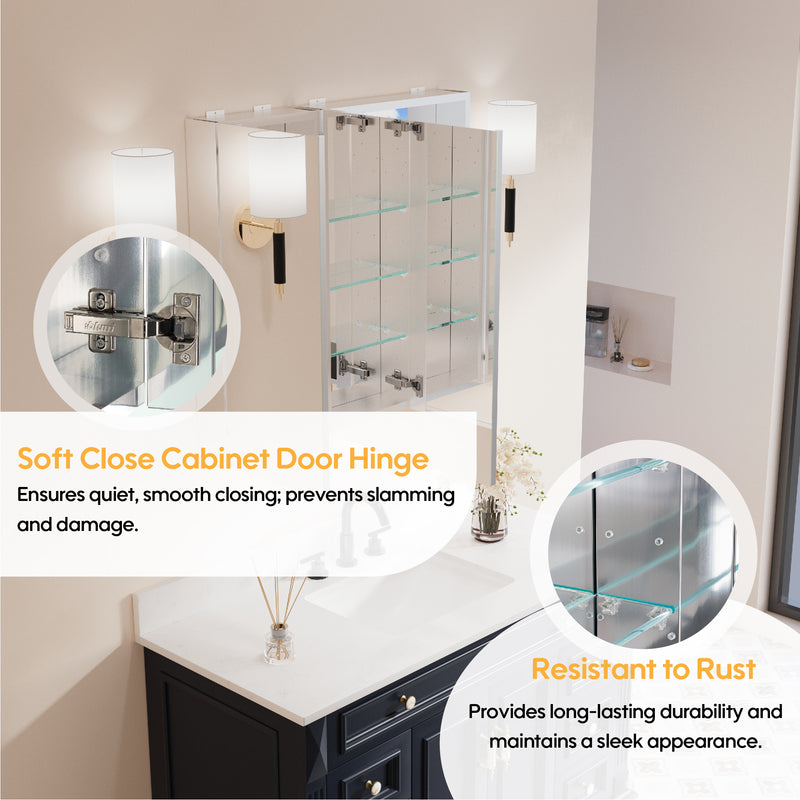 32 in. x 30 in. Copper-Free Tri-Views Mirror Medicine Cabinet with Adjustable Shelves and Dual Swing Doors