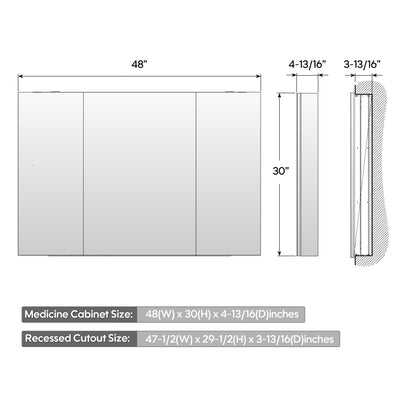 48 in. x30 in. Copper-Free Tri-Views Mirror Medicine Cabinet with Adjustable Shelves and 3 Doors