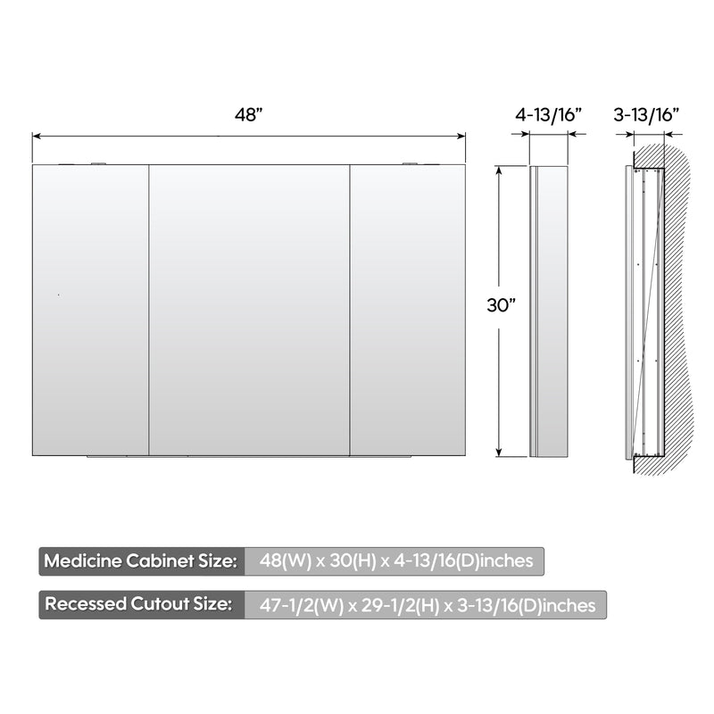 48 in. x30 in. Copper-Free Tri-Views Mirror Medicine Cabinet with Adjustable Shelves and 3 Doors