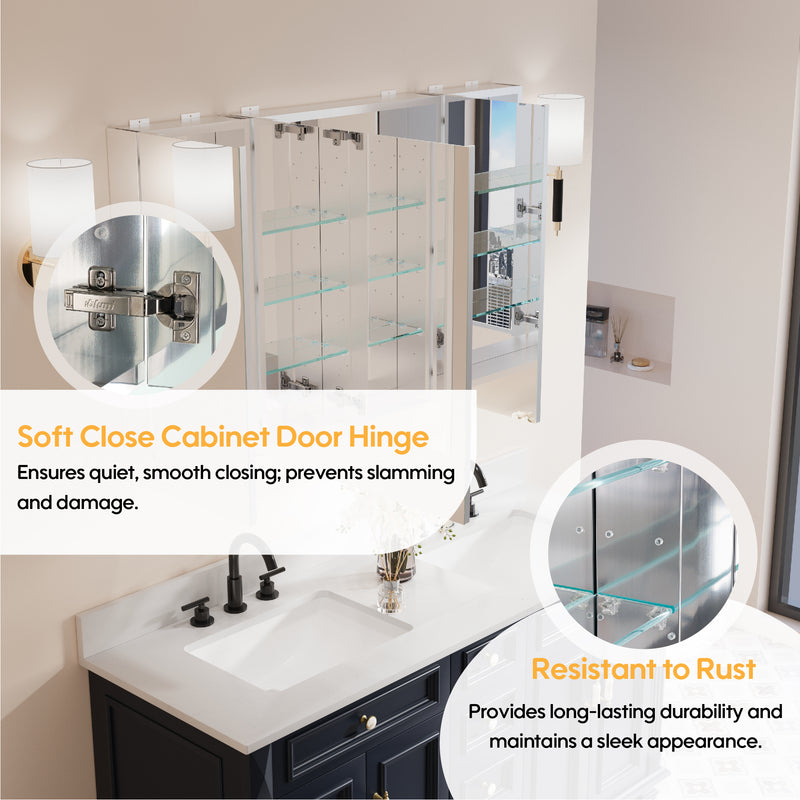 48 in. x30 in. Copper-Free Tri-Views Mirror Medicine Cabinet with Adjustable Shelves and 3 Doors