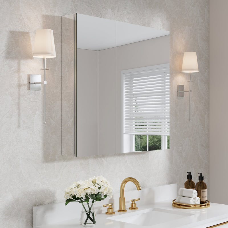 32 in. x 30 in. Copper-Free Tri-Views Mirror Medicine Cabinet with Adjustable Shelves and Dual Swing Doors