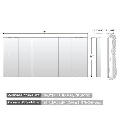 64 in. x30 in. Copper-Free Tri-Views Mirror Medicine Cabinet with Adjustable Shelves and 5 Doors