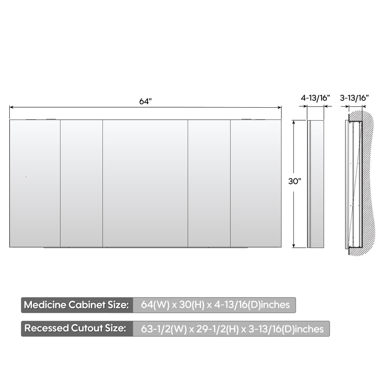 64 in. x30 in. Copper-Free Tri-Views Mirror Medicine Cabinet with Adjustable Shelves and 5 Doors
