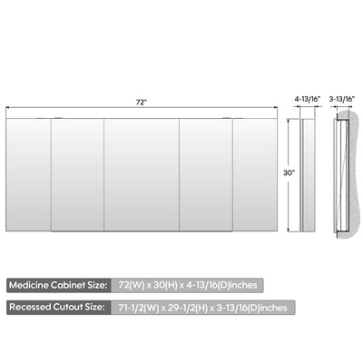 72 in. ×30 in. Copper-Free Tri-Views Mirror Medicine Cabinet with Adjustable Shelves and 5 Doors