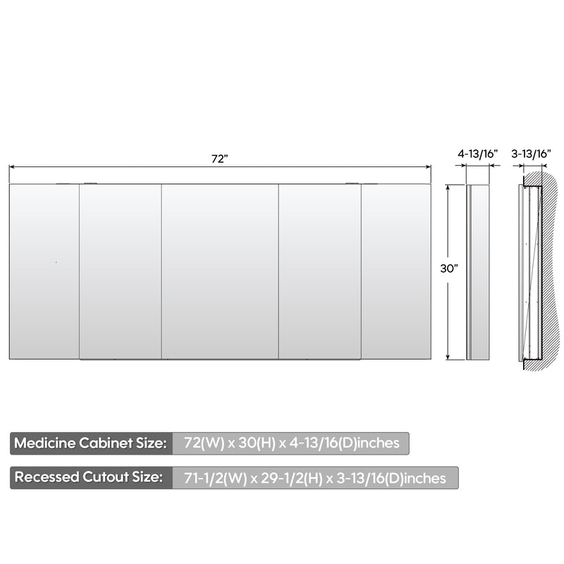 72 in. ×30 in. Copper-Free Tri-Views Mirror Medicine Cabinet with Adjustable Shelves and 5 Doors