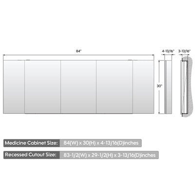84 in. ×30 in. Copper-Free Tri-Views Mirror Medicine Cabinet with Adjustable Shelves and 5 Doors