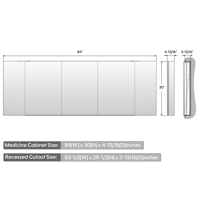 84 in. ×30 in. Copper-Free Tri-Views Mirror Medicine Cabinet with Adjustable Shelves and 5 Doors