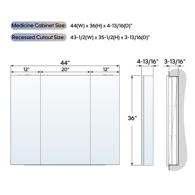 44 in. ×36 in. Copper-Free Tri-Views Mirror Medicine Cabinet with Adjustable Shelves and 3 Doors
