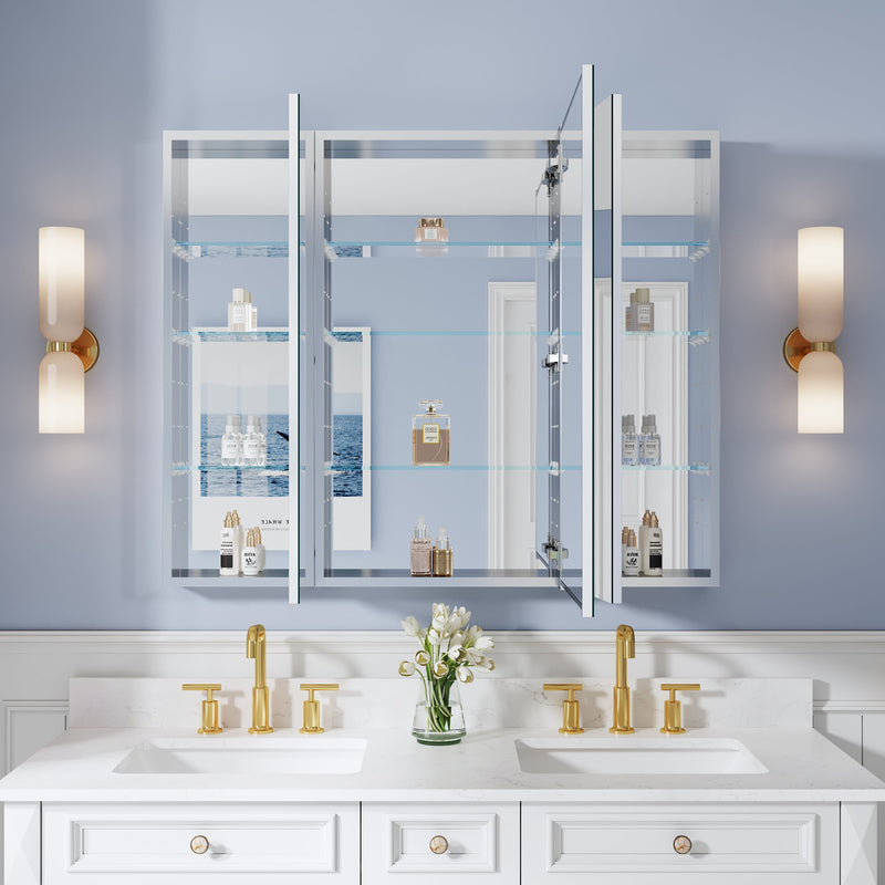44 in. ×36 in. Copper-Free Tri-Views Mirror Medicine Cabinet with Adjustable Shelves and 3 Doors