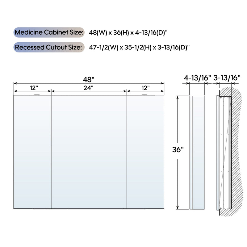 48 in. ×36 in. Copper-Free Tri-Views Mirror Medicine Cabinet with Adjustable Shelves and 3 Doors