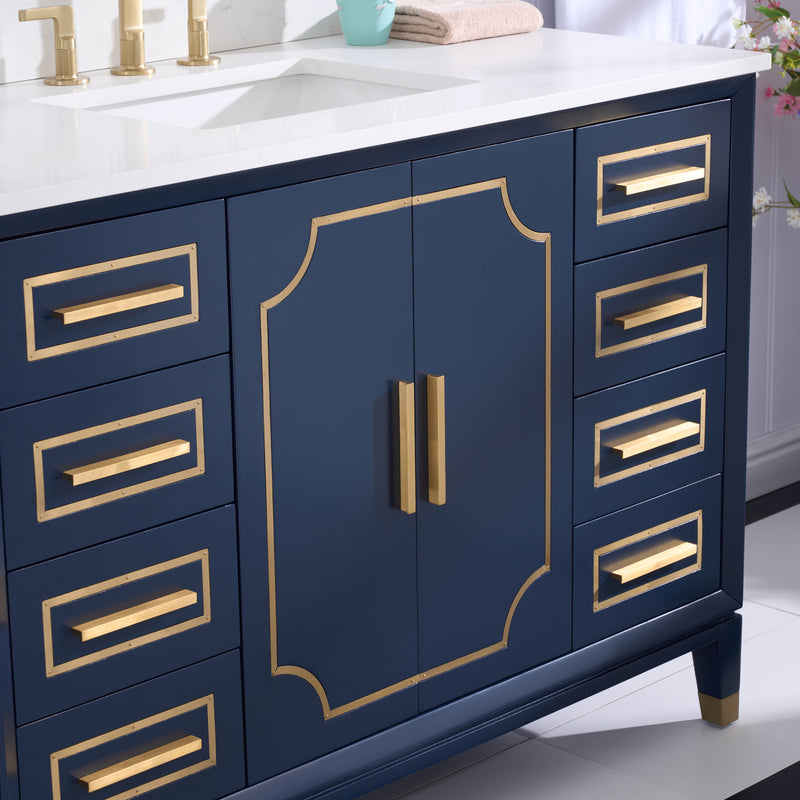 48 in. W x 22 in. D x 35 in. H Freestanding Bathroom Vanity in Navy Blue with Carrara White Quartz Vanity Top