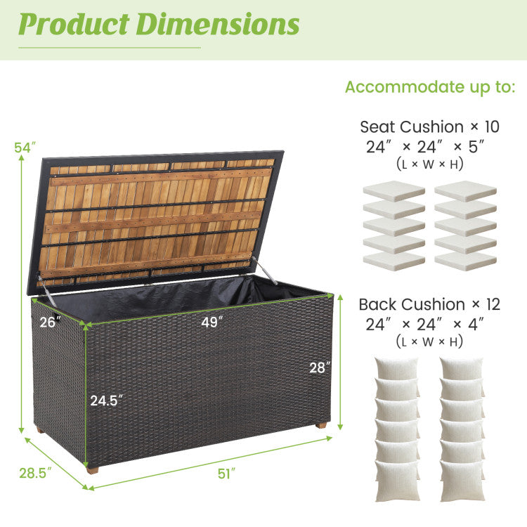 134 Gallon Rattan Storage Box with Zippered Liner and Solid Acacia Wood Top