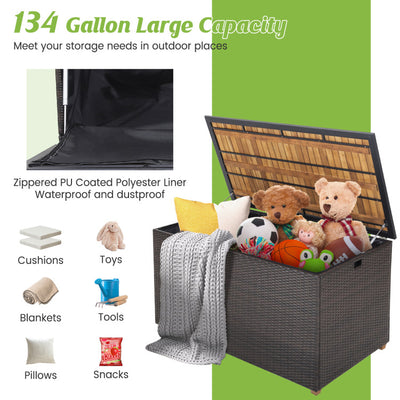 134 Gallon Rattan Storage Box with Zippered Liner and Solid Acacia Wood Top