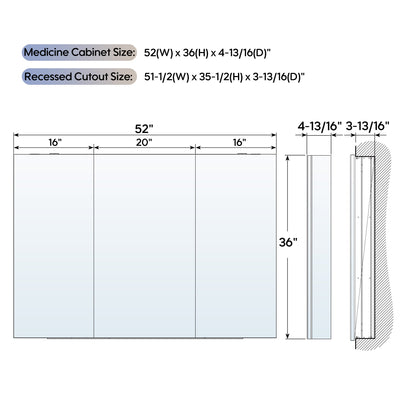 52 in. ×36 in. Copper-Free Tri-Views Mirror Medicine Cabinet with Adjustable Shelves and 3 Doors