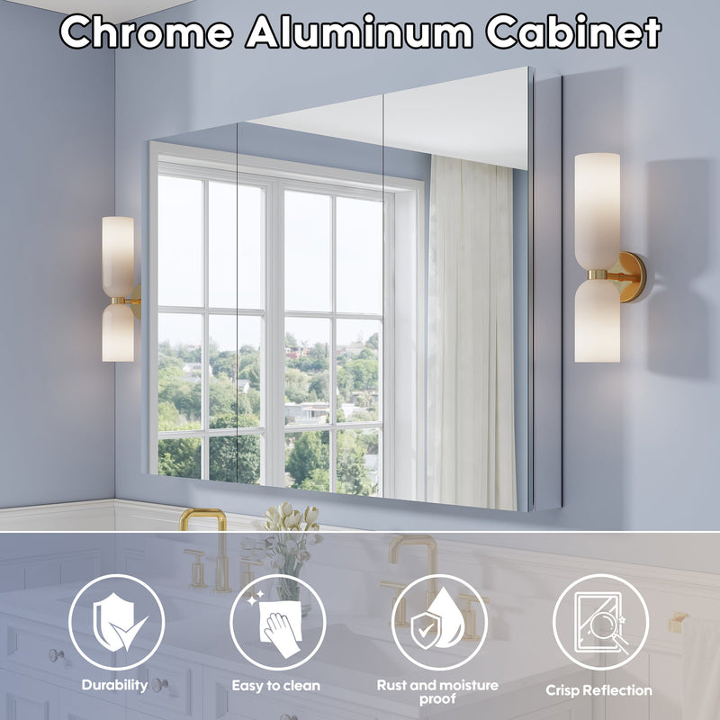 52 in. ×36 in. Copper-Free Tri-Views Mirror Medicine Cabinet with Adjustable Shelves and 3 Doors