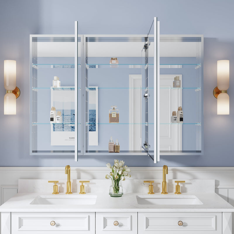 52 in. ×36 in. Copper-Free Tri-Views Mirror Medicine Cabinet with Adjustable Shelves and 3 Doors