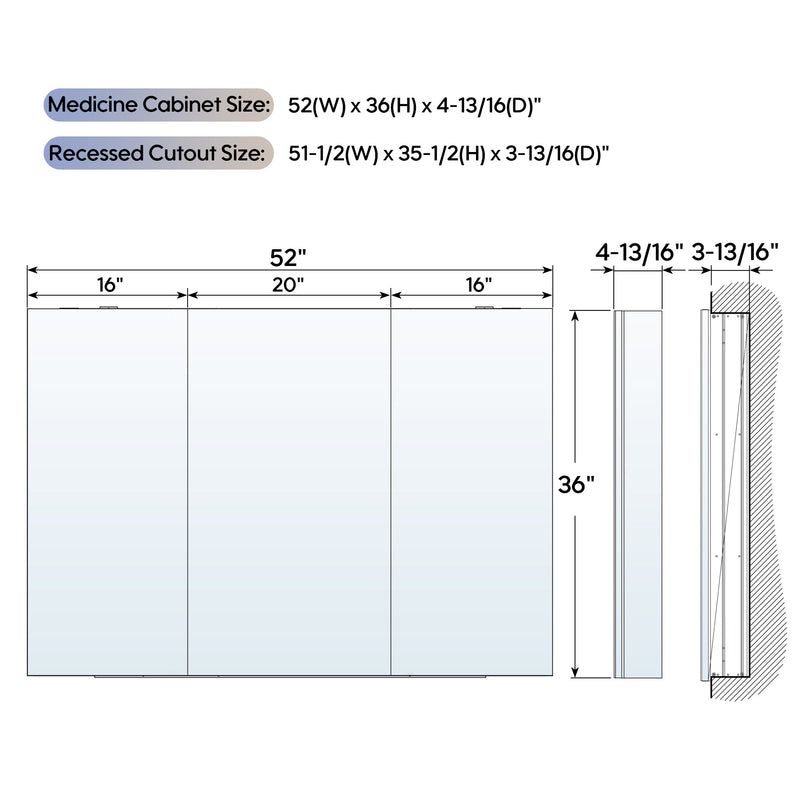 52 in. ×36 in. Copper-Free Tri-Views Mirror Medicine Cabinet with Adjustable Shelves and 3 Doors