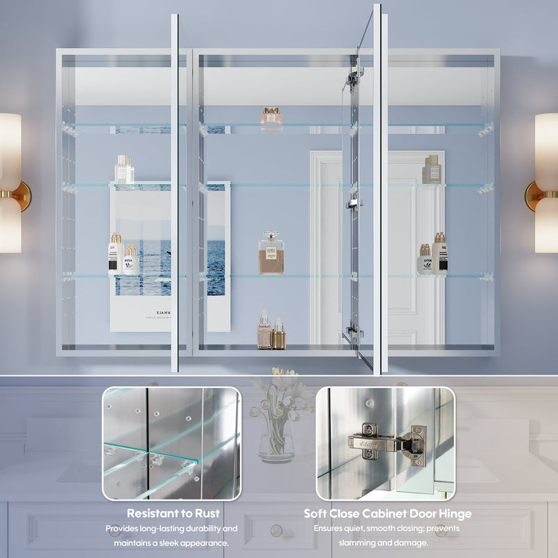 52 in. ×36 in. Copper-Free Tri-Views Mirror Medicine Cabinet with Adjustable Shelves and 3 Doors
