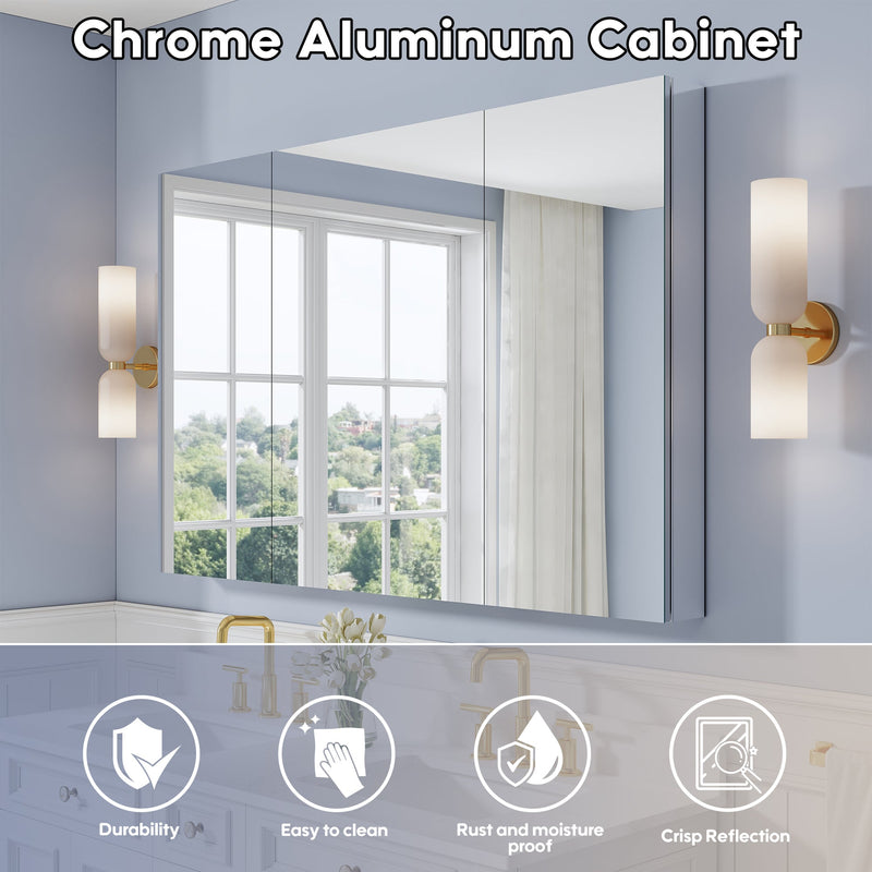 56 in. ×36 in. Copper-Free Tri-Views Mirror Medicine Cabinet with Adjustable Shelves and 3 Doors